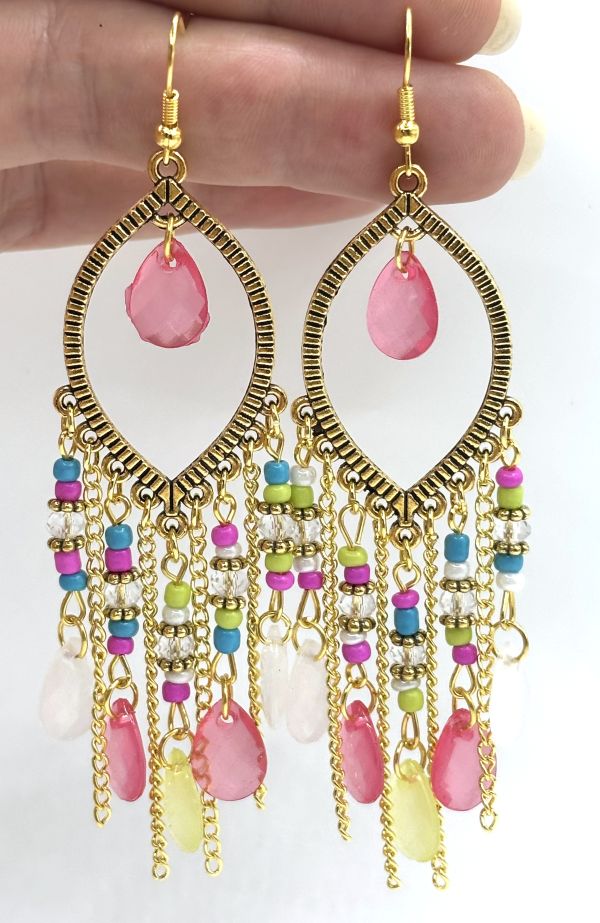 Pink Multicolor Beaded Tassel Earrings