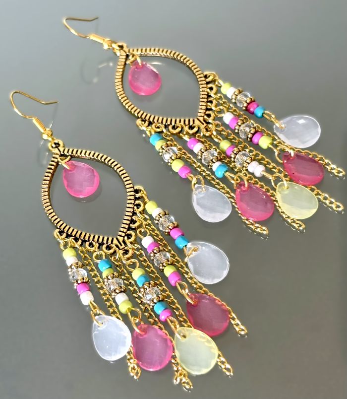 Pink Multicolor Beaded Tassel Earrings