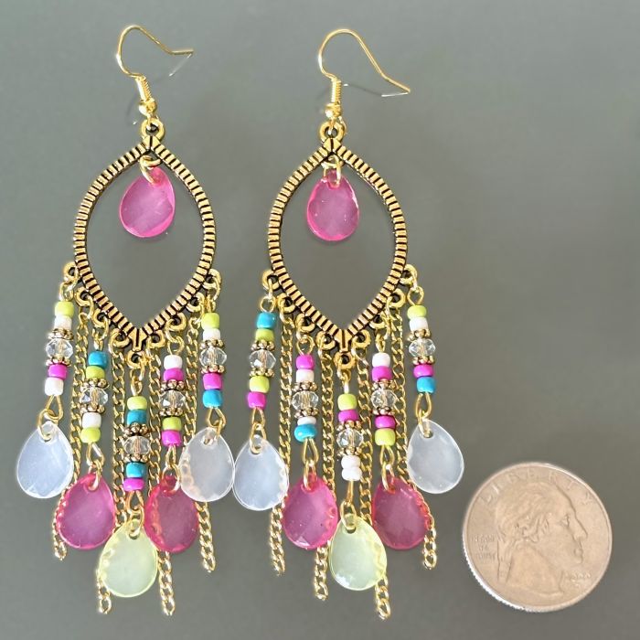 Pink Multicolor Beaded Tassel Earrings