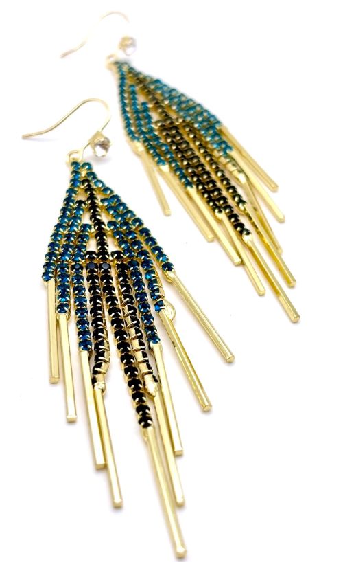 Elegant Black and Blue Rhinestone Tassel Earrings