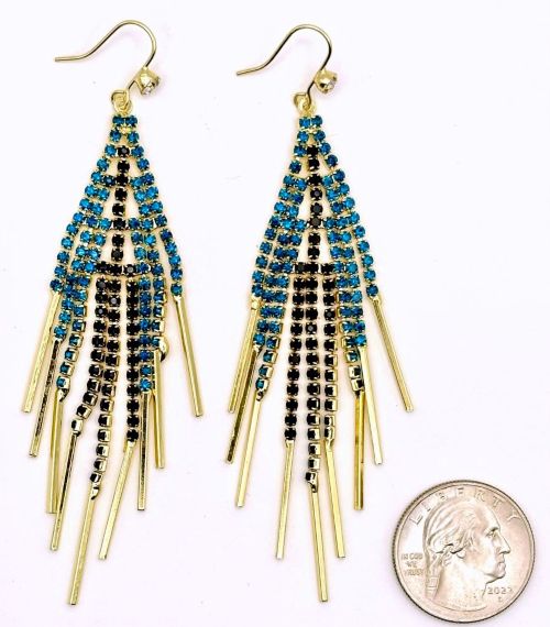 Elegant Black and Blue Rhinestone Tassel Earrings