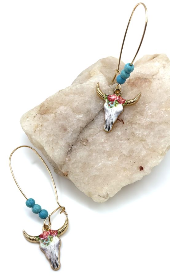 Western Floral Cattle Skull Drop Earrings