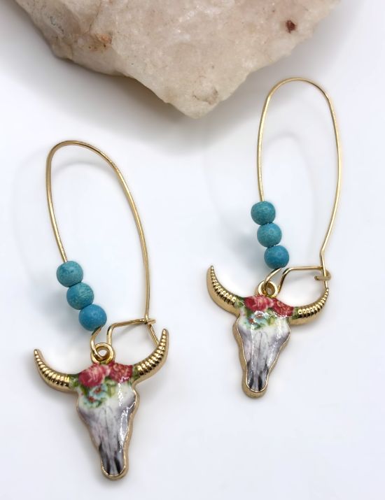 Western Floral Cattle Skull Drop Earrings