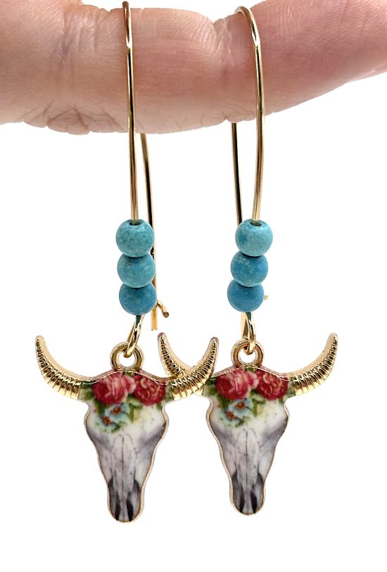 Western Floral Cattle Skull Drop Earrings