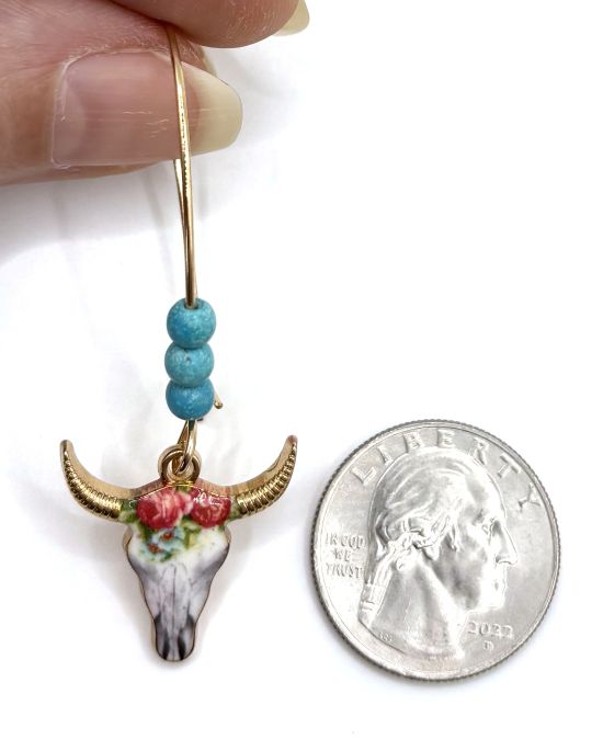 Western Floral Cattle Skull Drop Earrings