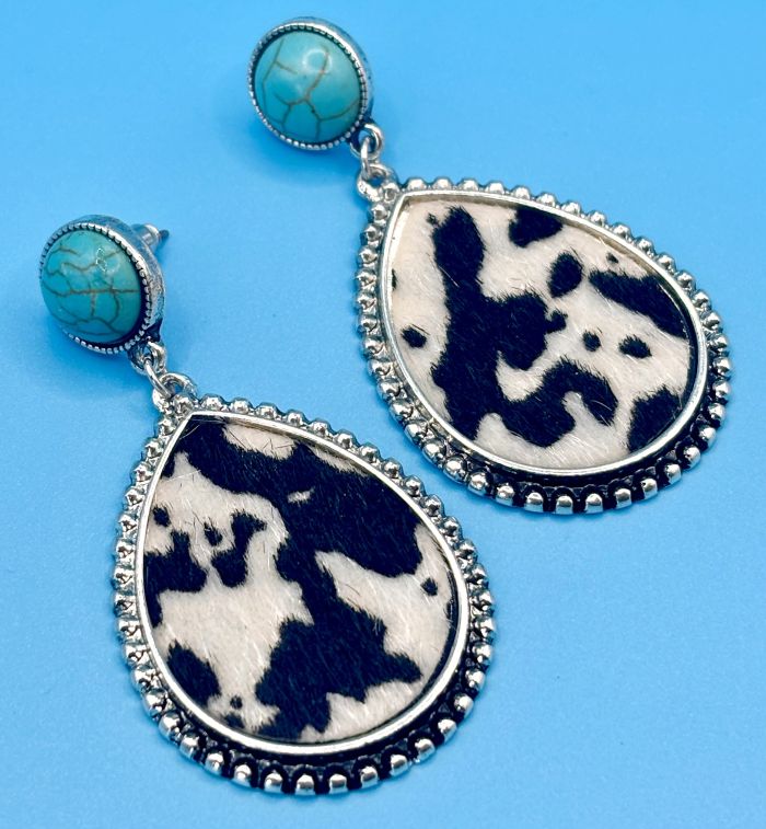 Western Cow Print and Turquoise Teardop Earrings