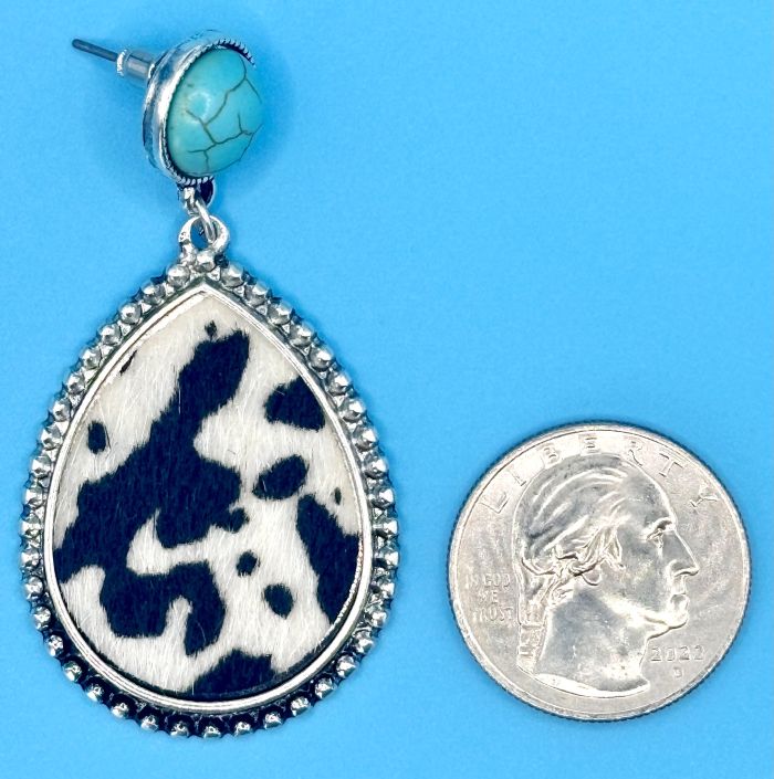 Western Cow Print and Turquoise Teardop Earrings
