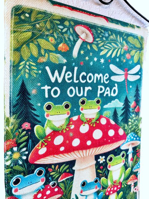 'Welcome to Our Pad' Vibrant Frogs Garden Flag