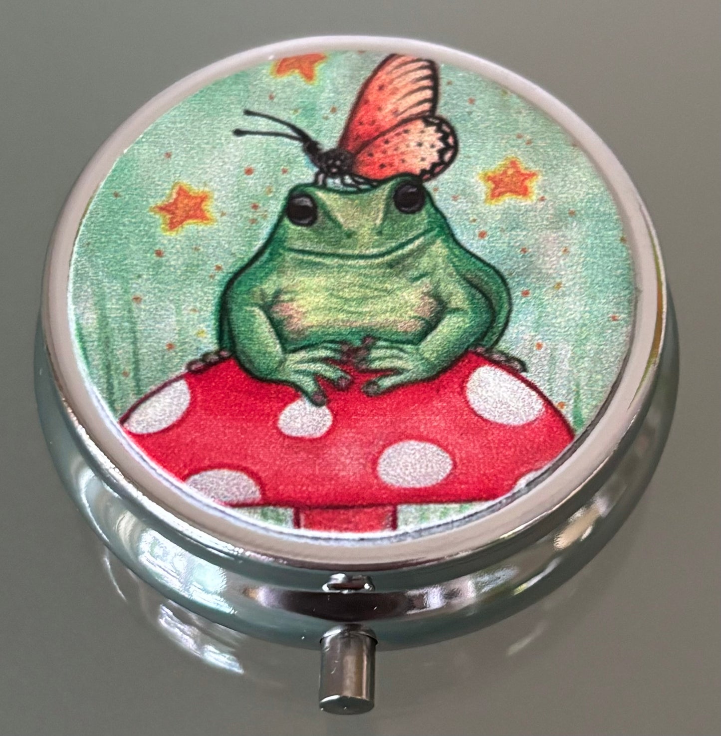 Whimsical Frog, Mushroom, Butterfly Pill Box