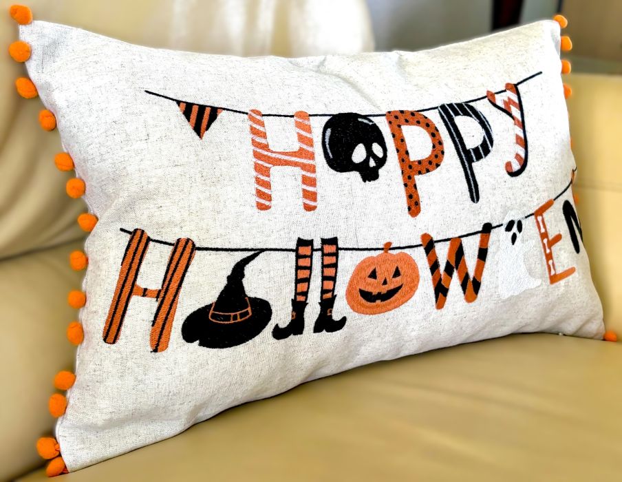 "Happy Halloween" Embroidered Pillow Cover