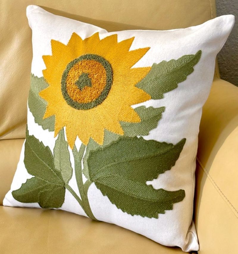 Embroidered Sunflower Pillow Cover