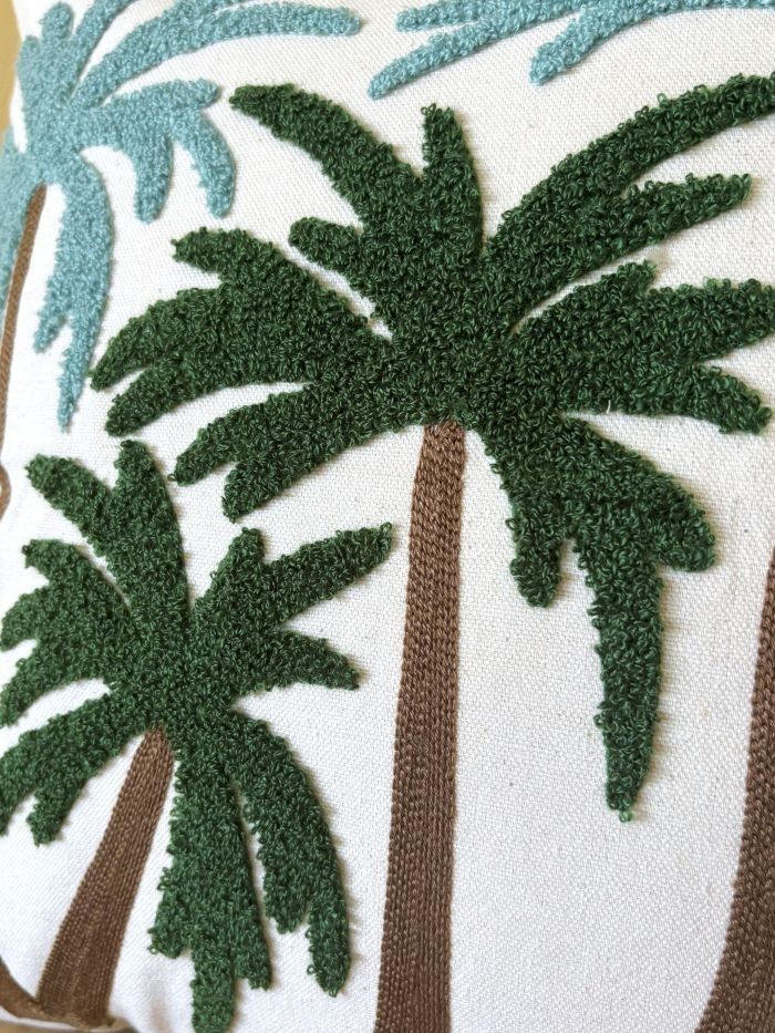 Blue and Green Palm Trees Embroidered Pillow Cover
