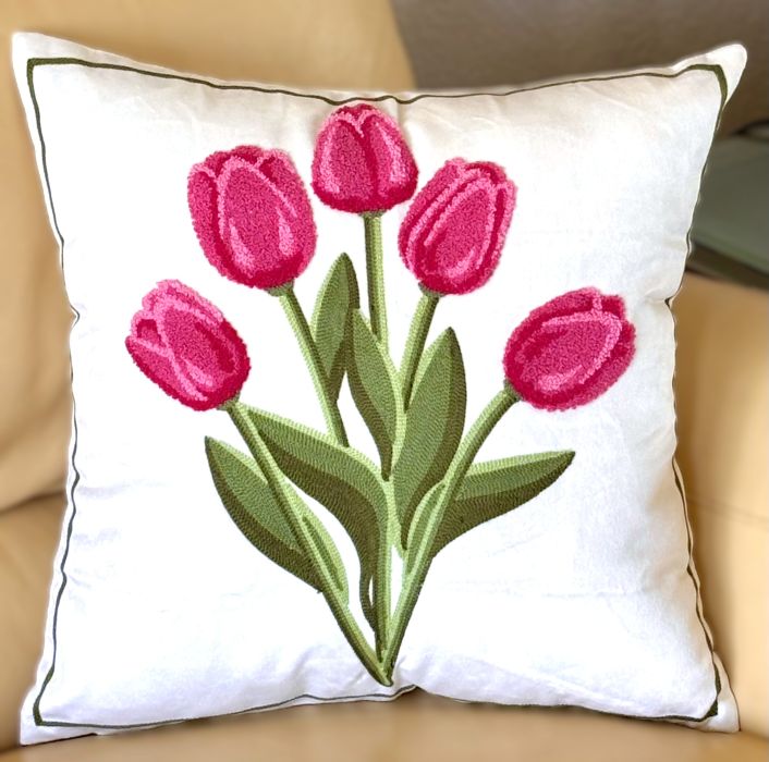 Vibrant Pink Tulips Embroidered Pillow Cover