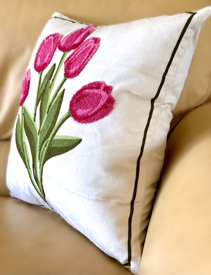 Vibrant Pink Tulips Embroidered Pillow Cover