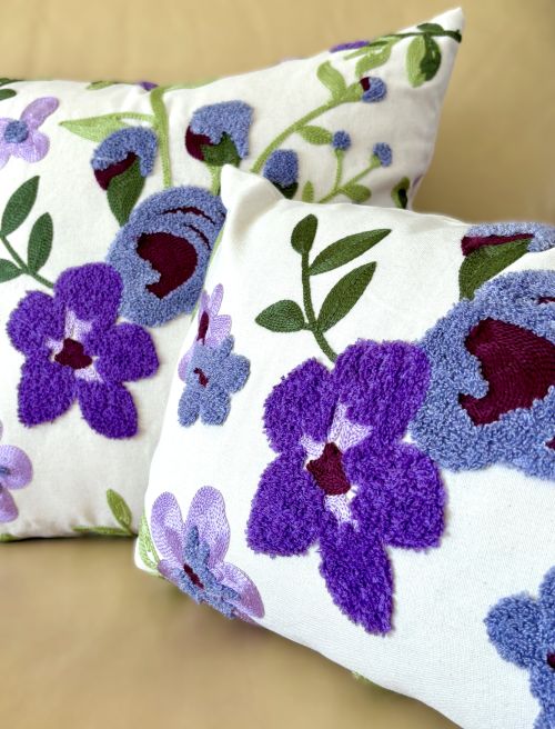 Purple Flowers Embroidered Pillow Cover (2 sizes)