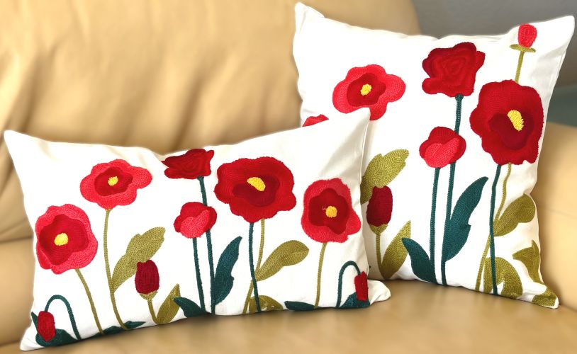 Red Poppies Embroidered Pillow Cover (2 sizes)