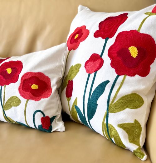 Red Poppies Embroidered Pillow Cover (2 sizes)
