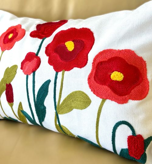 Red Poppies Embroidered Pillow Cover (2 sizes)