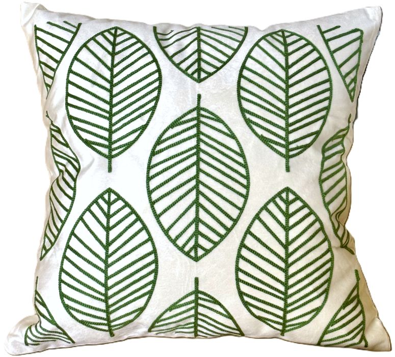 Contemporary Embroidered Green Leaves Pillow Cover