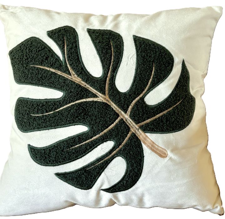 Tropical Monstera Leaf Embroidered/Tufted Pillow Cover