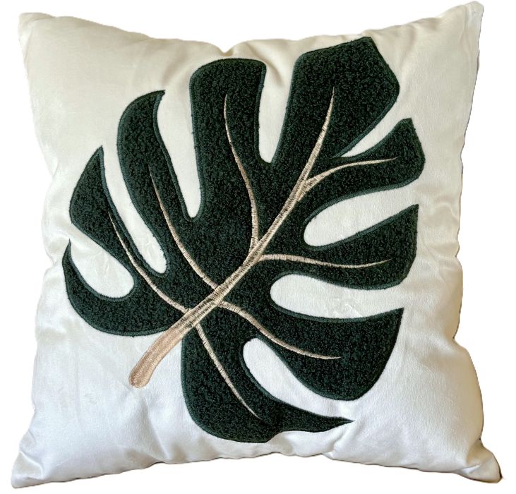 Tropical Monstera Leaf Embroidered/Tufted Pillow Cover