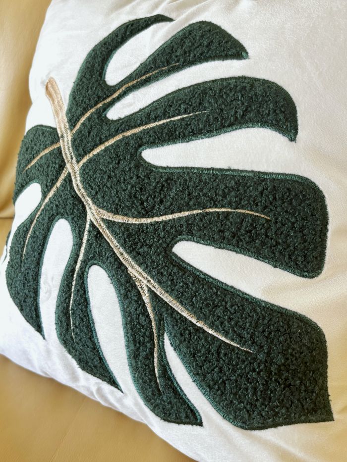 Tropical Monstera Leaf Embroidered/Tufted Pillow Cover