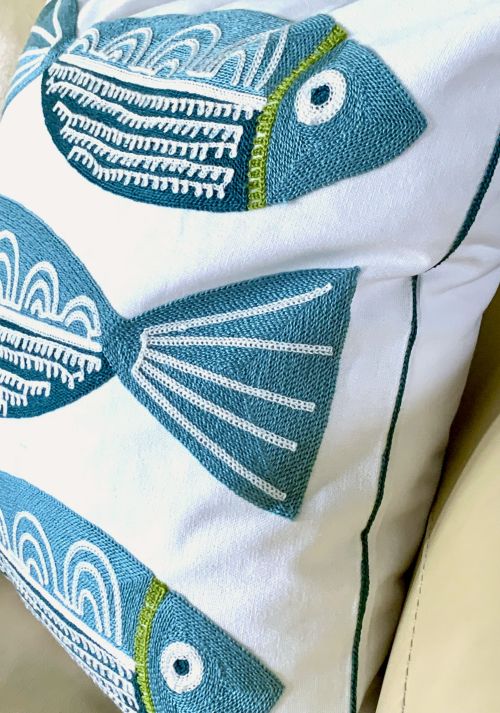 Coastal Fish Trio Embroidered Pillow Cover