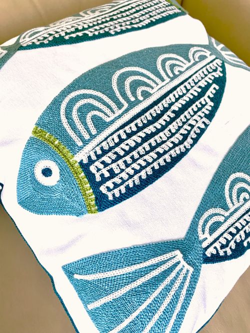 Coastal Fish Trio Embroidered Pillow Cover