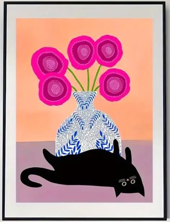 Black Cat and Pink Flowers Art Print