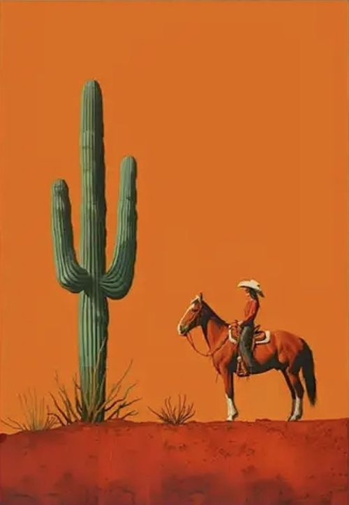 Retro Cowgirl and Giant Cactus Art Print