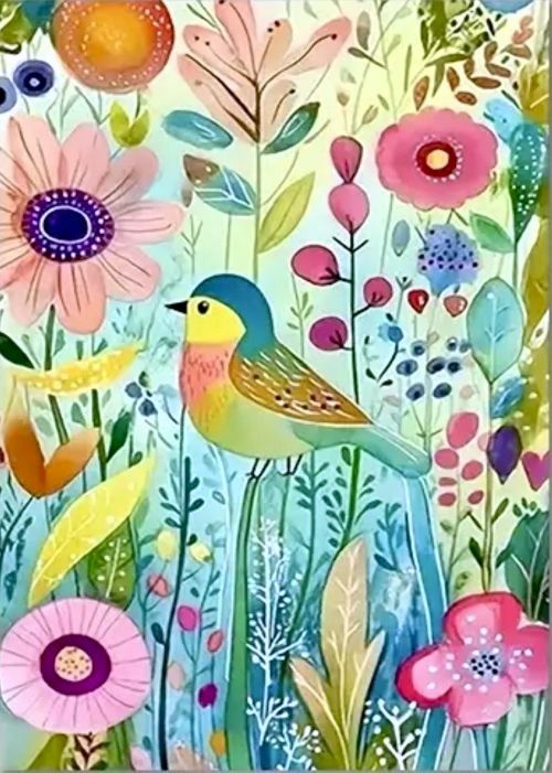 Whimsical Songbird and Flowers Art Print