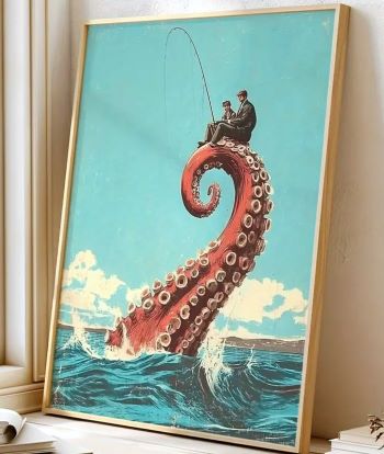 Ocean Fishermen on Top of Giant Tentacle Art Print