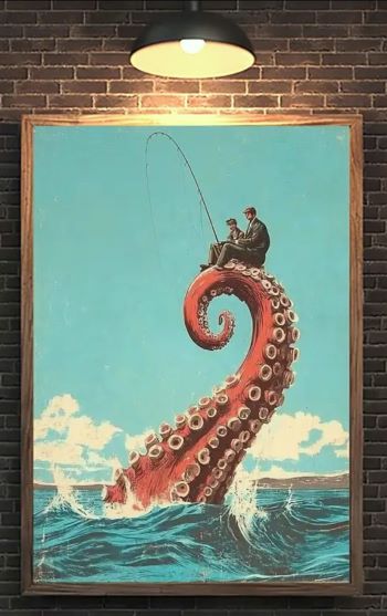 Ocean Fishermen on Top of Giant Tentacle Art Print