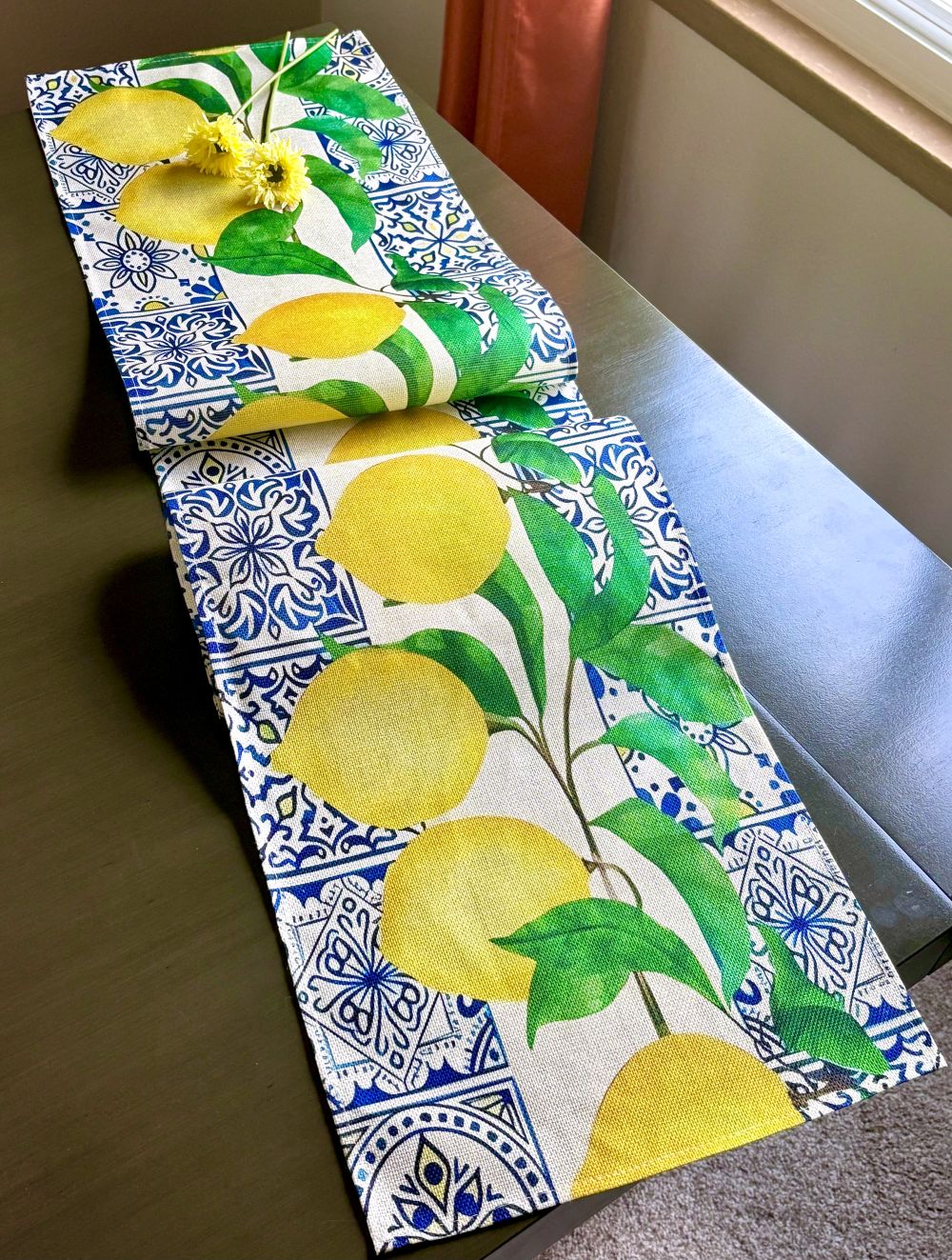 Mediterranean Blue Tile Lemon Table Runner