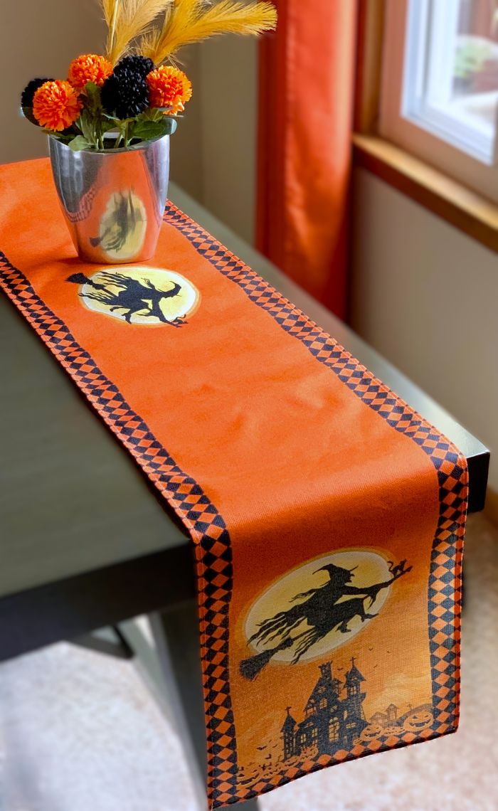 Spooky Halloween Flying Wicked Witch Table Runner