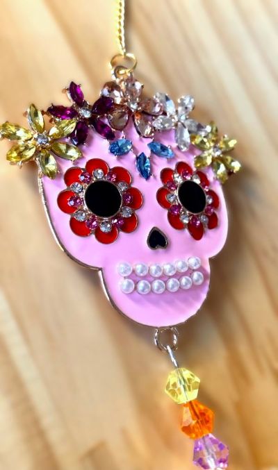 Jeweled Pink Female Sugar Skull Sun Catcher