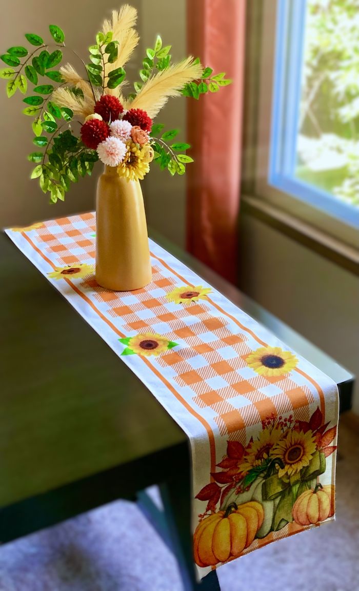Vibrant Orange Buffalo Plaid and Sunflower Table Runner