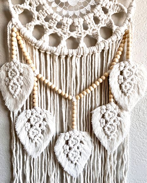 Beaded Leaf and Lace Macrame Wall Hanging