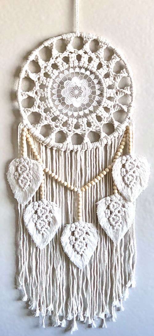 Beaded Leaf and Lace Macrame Wall Hanging