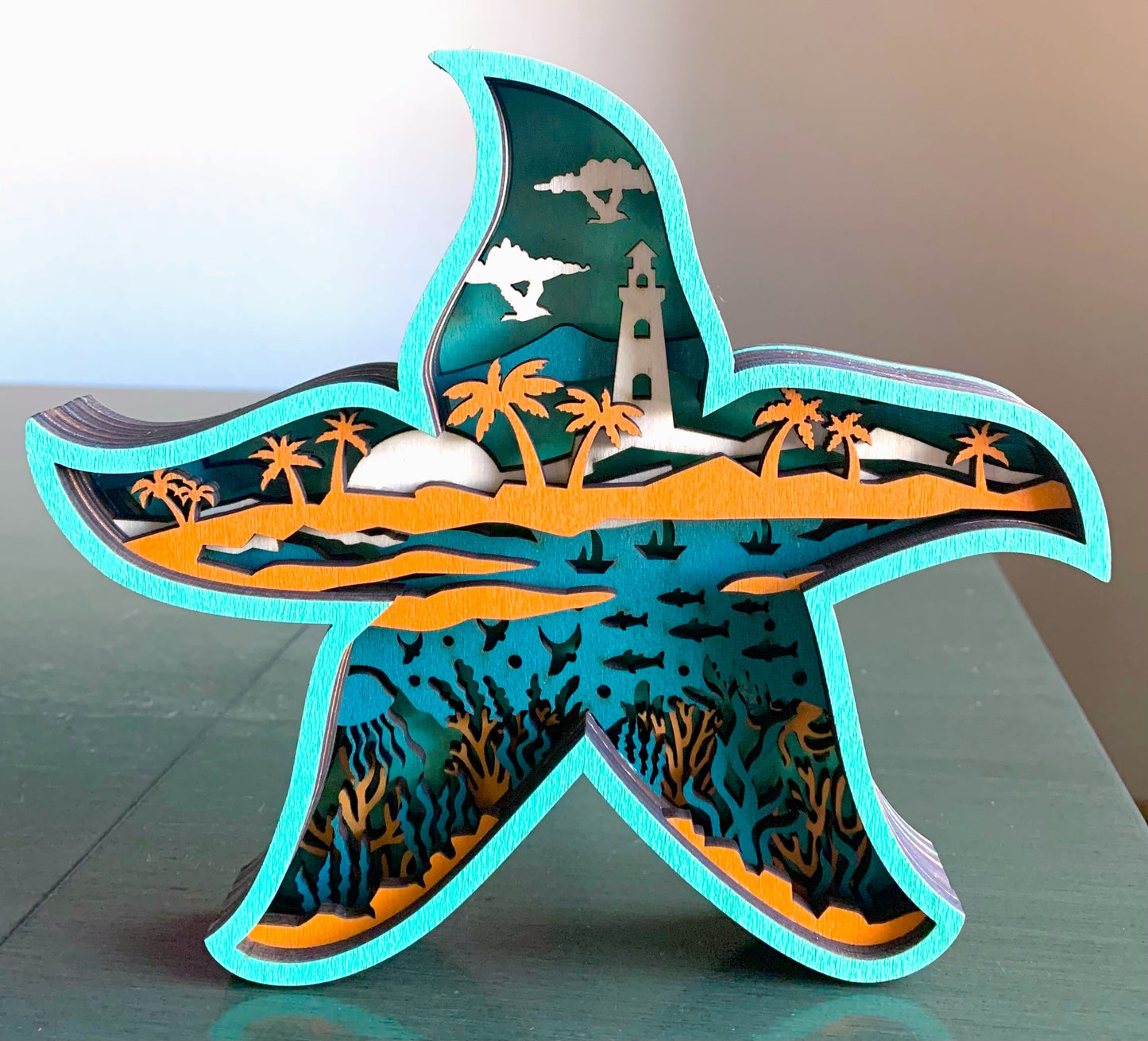 Teal and Orange Starfish Wood Diorama