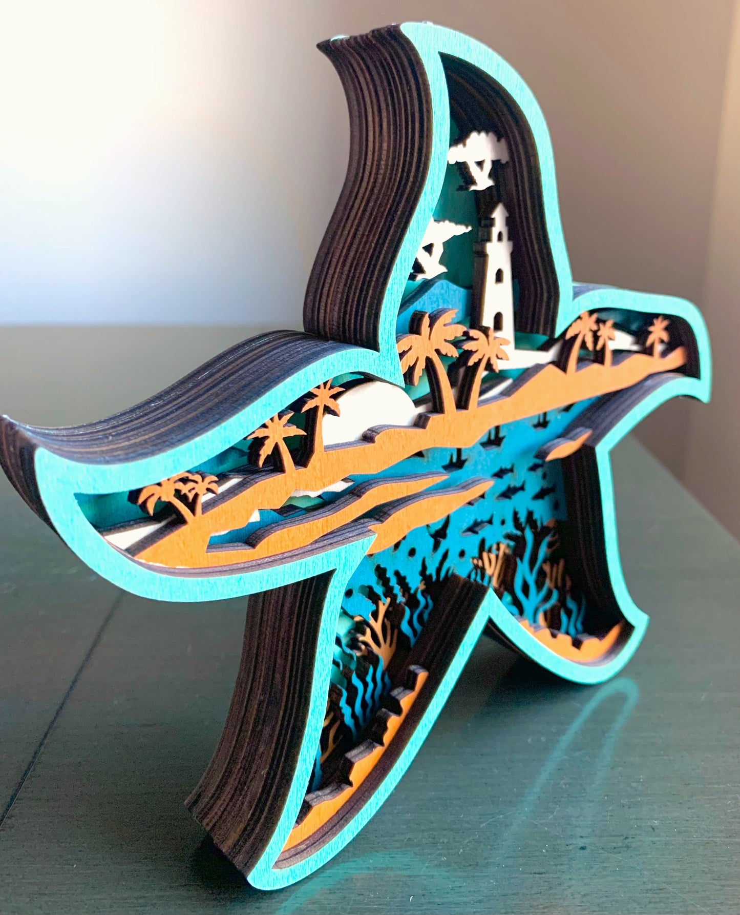 Teal and Orange Starfish Wood Diorama