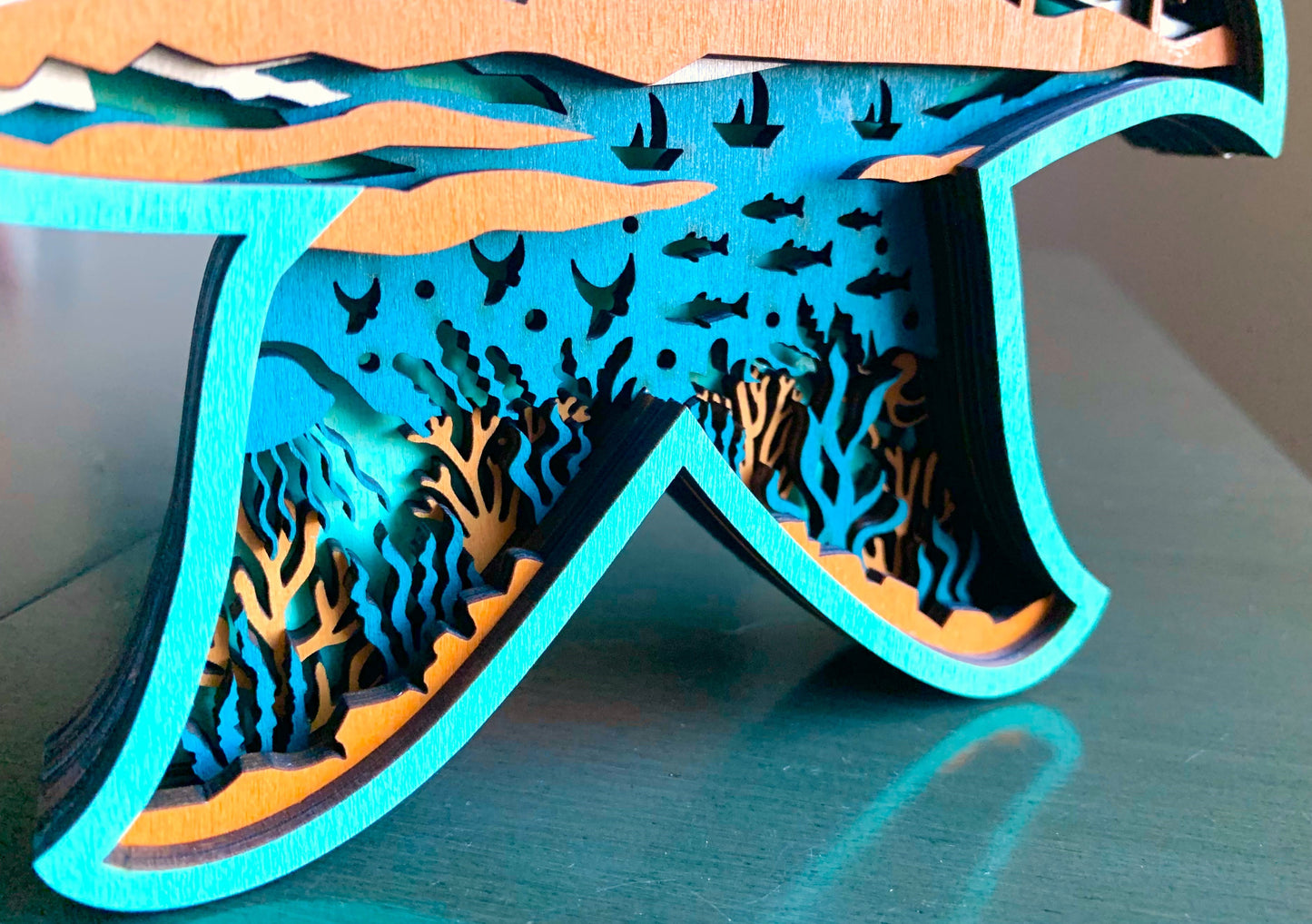 Teal and Orange Starfish Wood Diorama