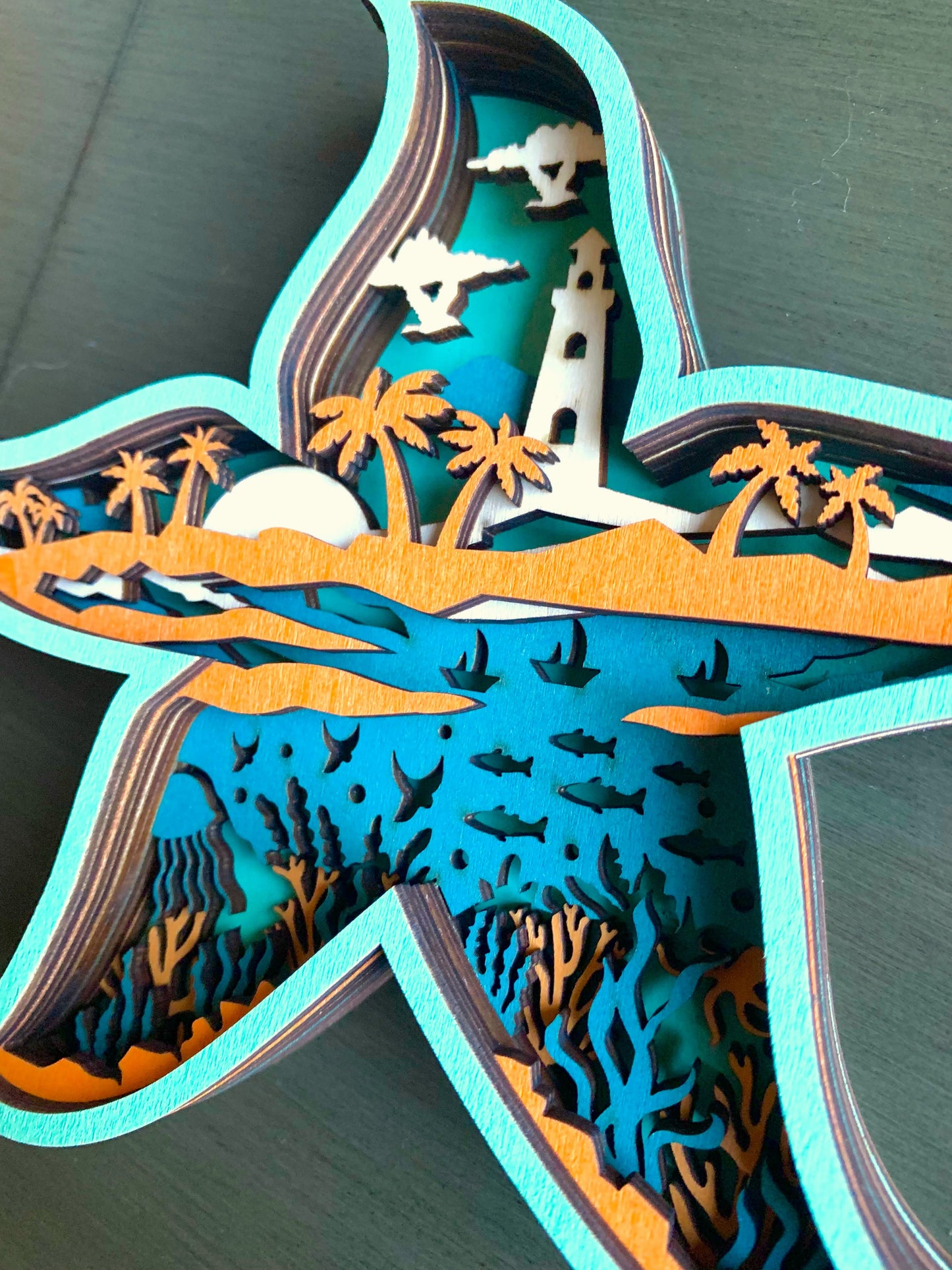 Teal and Orange Starfish Wood Diorama