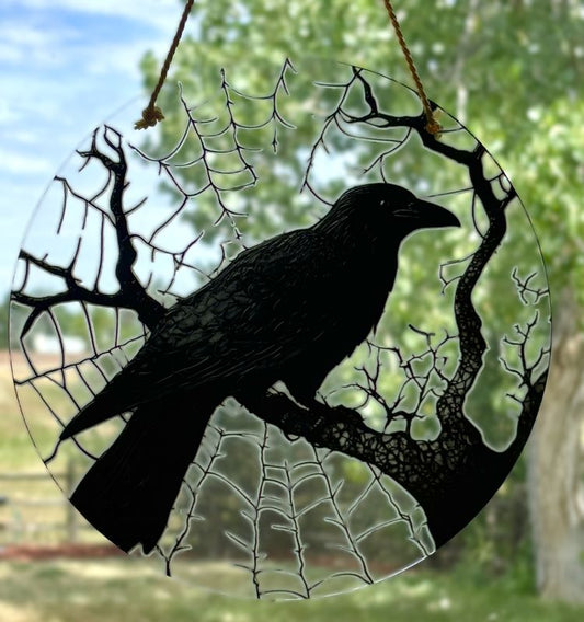 Eerie Black Crow in Tree Sun Catcher