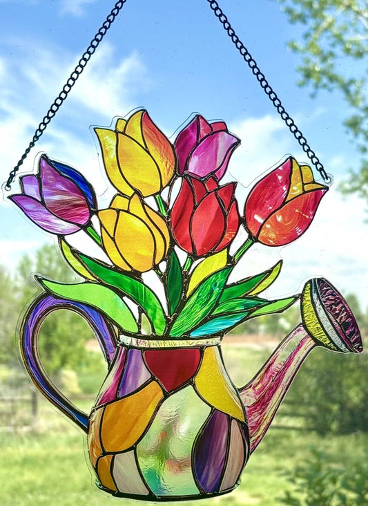 Tulips in Watering Can Sun Hanging