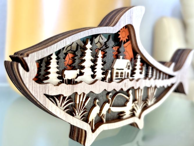 Mountain Lake Fish Wood Diorama