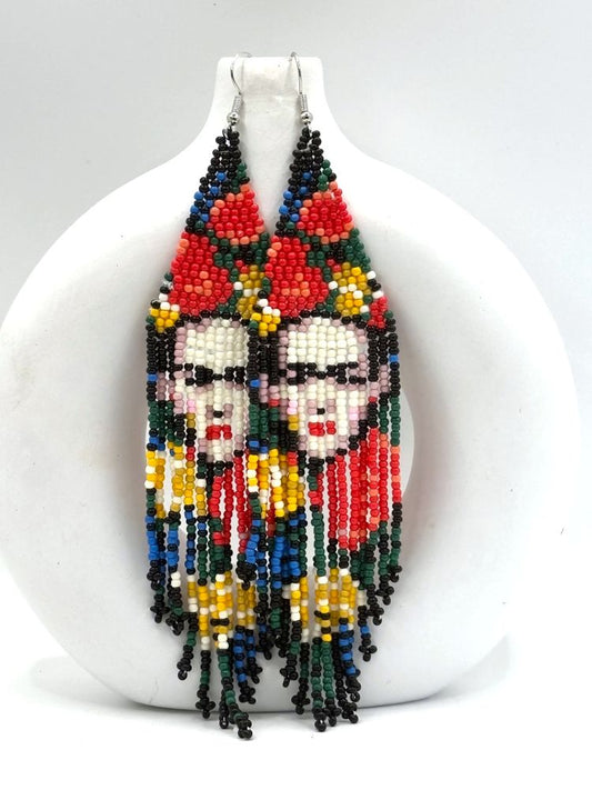 Frida Kahlo Hand Beaded Tassel Earrings
