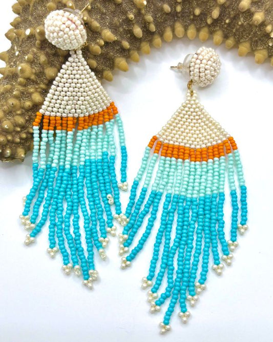 Orange Turquoise Gradient Hand Beaded Tassel Earrings