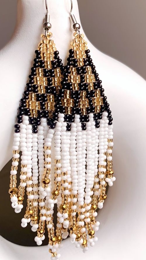 Elegant White, Black and Gold Beaded Earrings