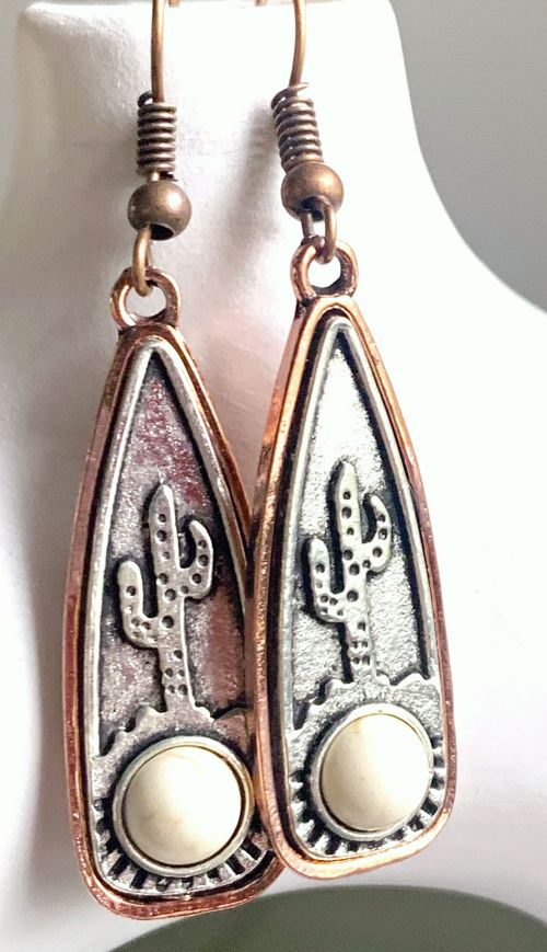 Silver and Copper Turquoise Bead Cactus Earrings